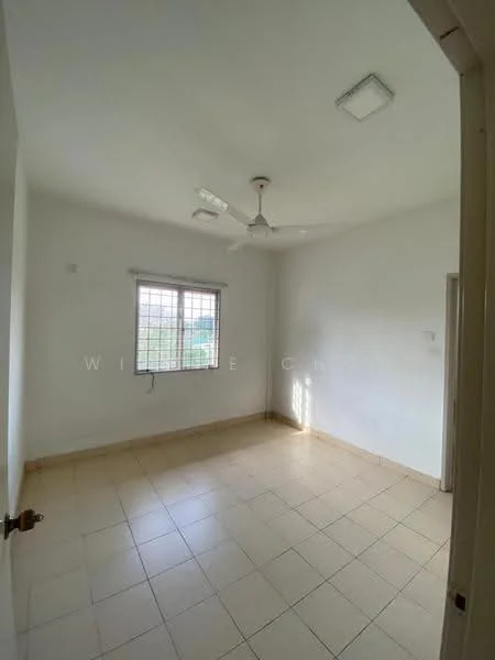 Room features: white painted walls, tile flooring, ceiling fan, square ceiling lights, window with grille, natural light from window.