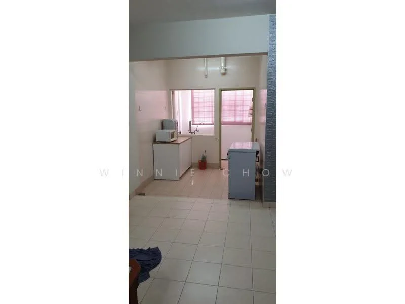 Kitchen features: white walls, tile flooring, single-bowl sink, built-in countertop, microwave, kitchen cabinet, window with grid pattern, gas cylinder visible.