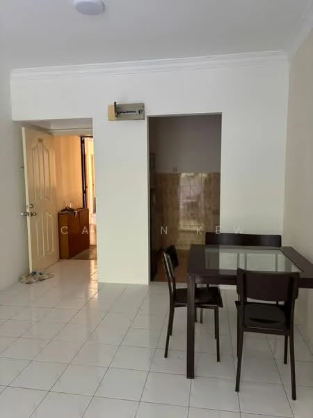 Dining features: white painted walls, glossy white tile flooring, 4-seater dining table with glass top, black dining chairs, wall-mounted split AC, doorway leading to kitchen, doorway leading to hallway, crown moulding; style: modern. Kitchen features: tile cladding on walls, kitchen cabinetry, unknown countertop material, unknown appliances. Room features: doorway leading to another room.
