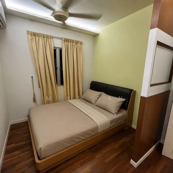 Bedroom features: queen-size bed with upholstered headboard, cream bedding, wooden flooring, light green accent wall, white painted walls, floor-to-ceiling window with sheer curtains, 5-blade ceiling fan, wall-mounted air conditioning unit, built-in wardrobe with sliding doors; style: modern.