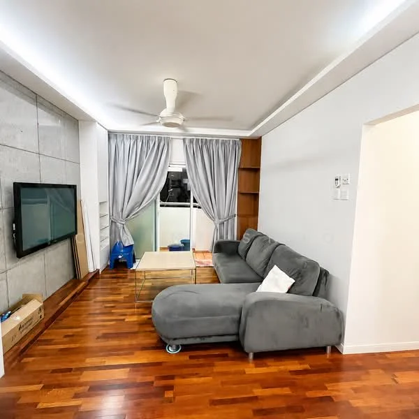 Living features: grey fabric L-shape sectional sofa, glass coffee table, wall-mounted TV, light wood shelving unit, light wood flooring, white painted walls, exposed concrete accent wall, 5-blade ceiling fan with light, floor-to-ceiling curtains, large window with city view; style: modern; view: city.