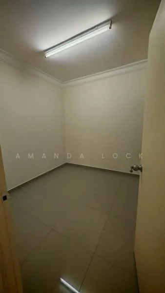 Room features: white painted walls, grey tile flooring, fluorescent ceiling lights, no visible windows, single door, corner room.