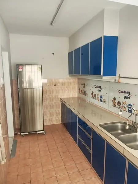 Kitchen features: blue cabinetry, white countertop, stainless-steel single-bowl sink, chrome pull-down faucet, stainless-steel fridge, ceramic tile flooring in beige, wall tiles with cartoon design, kitchen backsplash with decorative pattern, under-cabinet lighting, open shelving, wall-mounted cabinets; style: modern.