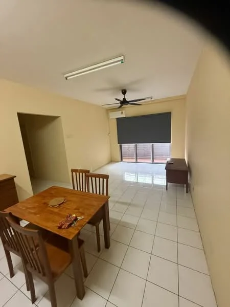 Dining features: square wooden dining table, 4 wooden dining chairs, white tiled flooring, cream painted walls, ceiling fan with light, window with roller blinds, wooden sideboard, natural light from window; style: minimalist. Room features: doorway leading to another room, empty wall space.