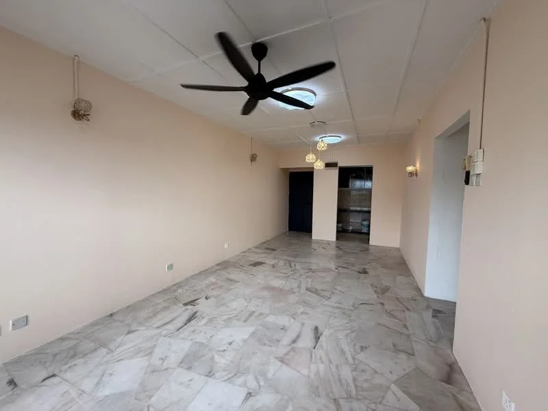Living features: marble flooring, cream painted walls, 5-blade ceiling fan, recessed downlights, wall sconces, open layout, doorway leading to another room, window for natural light; style: modern.