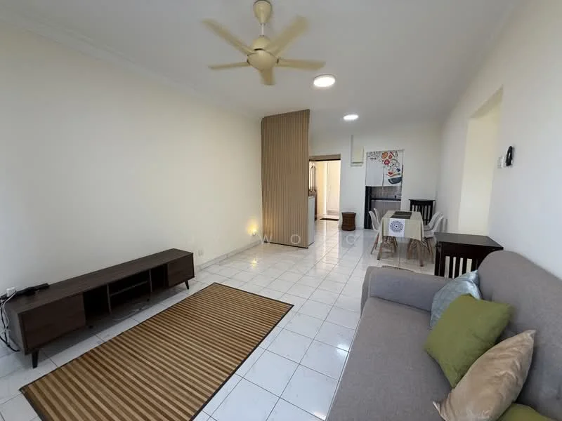 Living features: 3-seater fabric sofa in grey, area rug with geometric pattern, wooden TV console, ceiling fan, white painted walls, tile flooring, recessed downlights, dining table with 4 chairs, decorative cushions, open layout to kitchen, natural light from windows; style: modern.