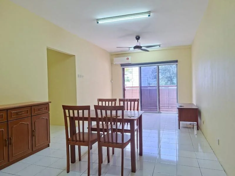 Dining features: yellow painted walls, white tiled flooring, 5-blade ceiling fan with light, dining table with 4 wooden chairs, sliding glass door, window with view of outdoor space, air conditioning unit, wooden sideboard, small wooden table, natural light from sliding door; style: minimalist; view: garden.
