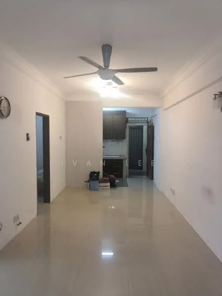 Room features: white painted walls, polished ceramic tile flooring, 5-blade ceiling fan with light, recessed downlights, doorway leading to kitchen, doorway leading to other rooms, empty space, no visible furniture; style: modern.