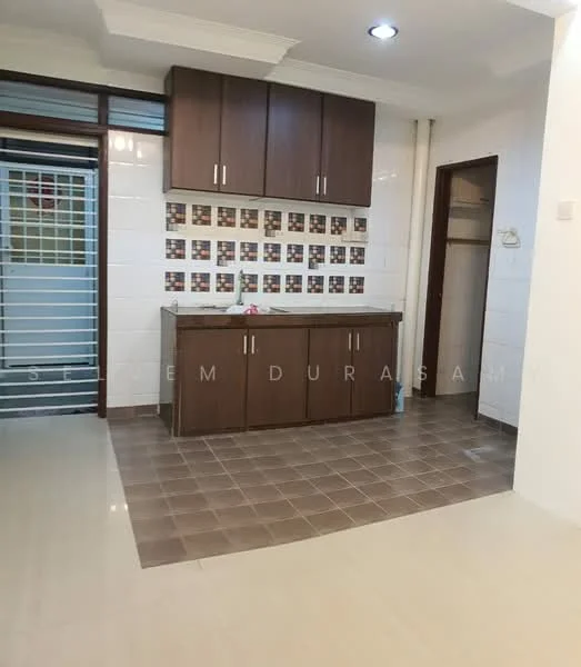 Kitchen features: brown wooden cabinetry, white tiled backsplash with colorful accents, granite countertop, single-bowl stainless-steel sink, chrome pull-down faucet, ceramic tile flooring in light beige, wall-mounted light fixture, window with security grille, open layout to adjacent space; style: modern.
