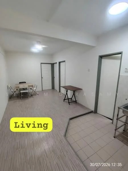 Living features: light wood laminate flooring, white painted walls, ceiling fan with light, dining table with four chairs, foldable table, door leading to hallway, door leading to kitchen, recessed lighting, large window for natural light; style: modern.