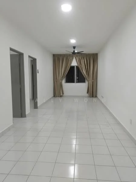 Room features: white painted walls, glossy white tile flooring, 5-blade ceiling fan with light, floor-to-ceiling window, sheer curtains, recessed downlights, neutral color scheme, open layout; style: modern.