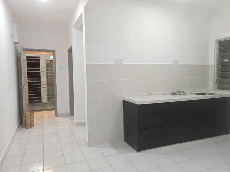 Kitchen features: white tiled walls, black cabinetry, white countertop, double-bowl stainless-steel sink, chrome pull-down faucet, tile flooring, recessed downlights, open layout, kitchen island; style: modern. Room features: white walls, tile flooring, doorway leading to hallway.