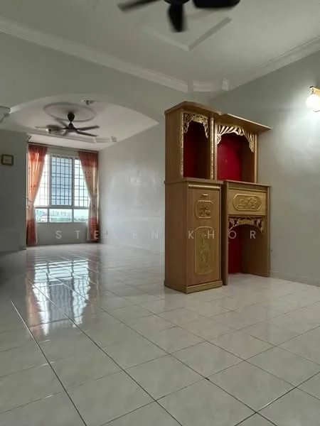 Living features: white painted walls, glossy white tile flooring, tray ceiling, 5-blade ceiling fan, large window with city view, curtains in orange, wooden altar, decorative wall sconce, open layout; style: modern; view: city.