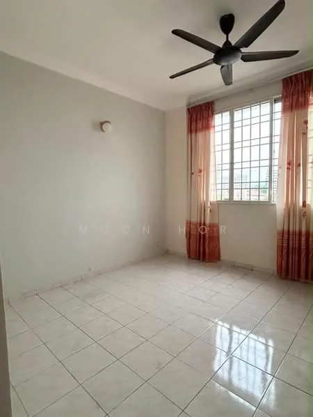 Room features: white painted walls, ceramic tile flooring, 5-blade ceiling fan, large window with grid pattern, curtains in orange and cream, neutral color scheme, no visible furniture; style: minimalist; view: city.
