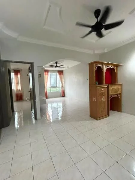 Living features: white painted walls, glossy white tile flooring, tray ceiling, 2-blade ceiling fan, large window with grid pattern, curtains in orange, wooden display cabinet, open layout, natural light from window, neutral color scheme; style: modern; view: garden.