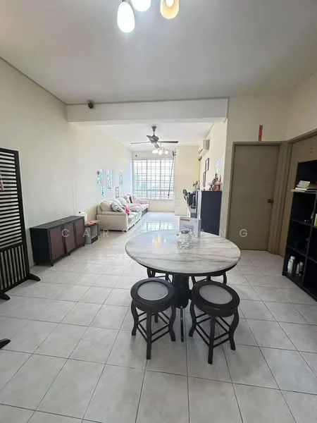 Dining features: round marble dining table, 3 wooden dining chairs, white tiled flooring, cream painted walls, ceiling fan with light, wall-mounted air conditioning unit, open layout to living area, large window with natural light; style: modern. Living features: fabric sofa in light color, coffee table, decorative wall art, floor-to-ceiling window, light fixtures, neutral color scheme; style: modern.