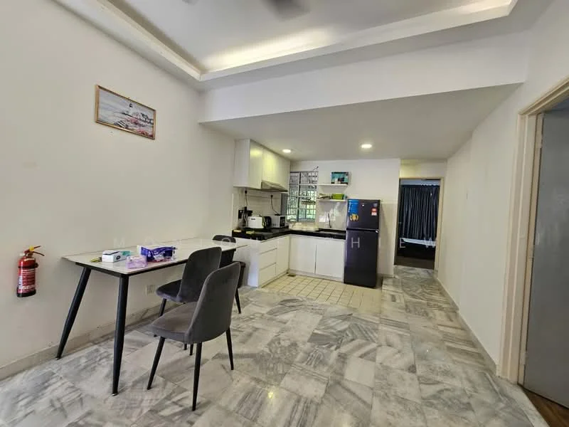 Kitchen features: white cabinetry, black countertop, stainless-steel fridge, built-in stove, kitchen sink, tile backsplash, marble flooring, recessed lighting, open layout, dining table with two chairs; style: modern. Room features: grey walls, marble flooring, doorway leading to another room.