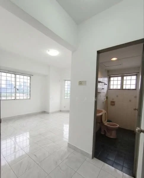 Room features: white painted walls, marble tile flooring, ceiling light fixture, floor-to-ceiling windows, window treatments, toilet, sink, shower area, light-colored tiles in bathroom, dark-colored tiles in bathroom, door to bathroom; style: modern; view: city.