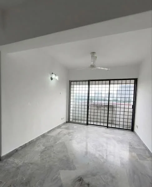 Room features: white painted walls, marble flooring, ceiling fan, floor-to-ceiling windows, black metal grille, natural light from windows; style: modern; view: city.