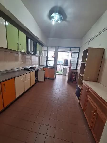 Kitchen features: green and orange cabinetry, grey countertop, gas stove with 4 burners, built-in oven, double-bowl stainless-steel sink, window with security bars, tile backsplash, brown tiled flooring, ceiling light fixture, open shelving, wooden cabinet, space for refrigerator; style: modern.