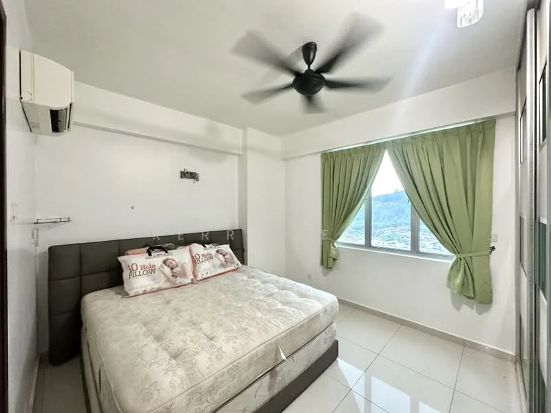 Bedroom features: queen-size bed, upholstered headboard, 2 decorative pillows, floor-to-ceiling window, green curtains, white painted walls, ceiling fan, wall-mounted air conditioning unit, tile flooring, city view; style: modern; view: city.