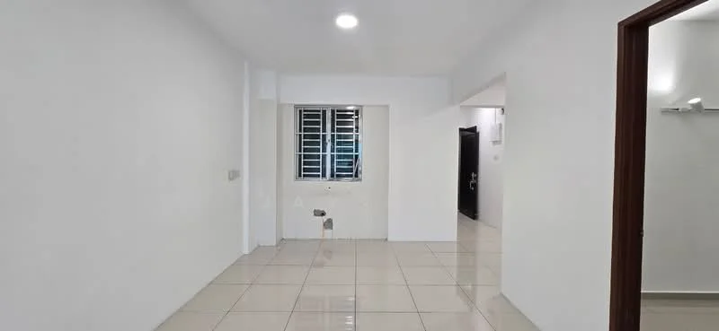 Room features: white painted walls, glossy ceramic tile flooring, window with metal grille, recessed ceiling lights, doorway leading to another room, doorway leading to hallway, neutral color scheme; style: modern.