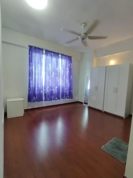 Bedroom features: laminate flooring, purple sheer curtains, white painted walls, ceiling fan, built-in wardrobe, window with natural light, area rug, light fixture on wall; style: modern.