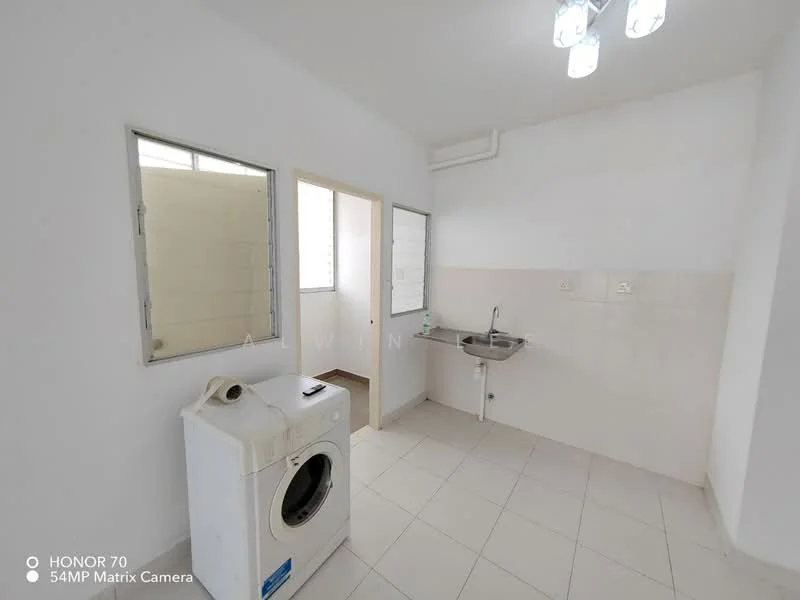 Laundry features: white walls, tile flooring, single-bowl stainless-steel sink, washing machine, window with blinds, door leading to another room, light fixture with multiple bulbs.