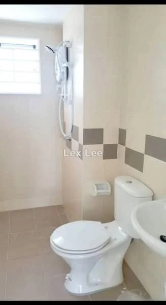 Bathroom features: white toilet, chrome basin mixer faucet, shower with adjustable shower head, light beige tiled walls, light beige tiled flooring, window with horizontal slats, grey accent tiles, toilet paper holder; style: modern.