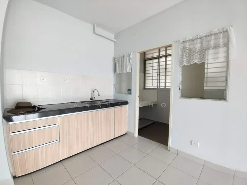 Kitchen features: laminate cabinetry in light wood finish, black countertop, single-bowl stainless-steel sink, chrome pull-down faucet, ceramic tile flooring, white tiled backsplash, window with metal grille, wall-mounted air conditioning unit; style: modern. Room features: window with metal grille, white painted walls, light fixture.