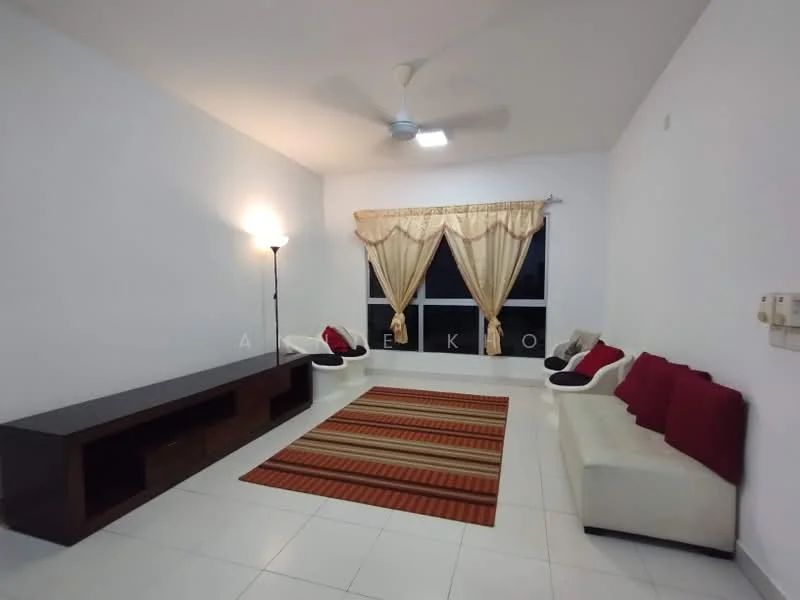 Living features: white painted walls, white tiled flooring, 5-blade ceiling fan, floor-to-ceiling windows, sheer curtains, 2-seater fabric sofa in white, 3-seater fabric sofa in white, red and white decorative cushions, wooden TV console, area rug with striped pattern, lamp with light, wall-mounted electrical outlets; style: modern.