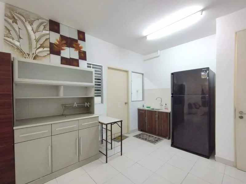 Kitchen features: white cabinetry with flat-panel doors, black refrigerator, stainless-steel sink, countertop with backsplash, wall-mounted cabinet, kitchen table with metal legs, tile flooring, fluorescent ceiling lights, decorative wall art with floral pattern; style: modern.