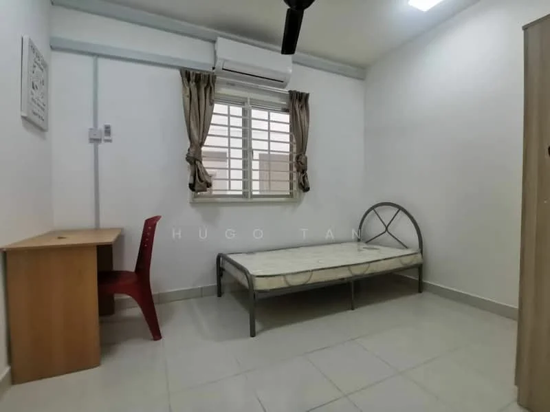 Bedroom features: single bed frame, mattress, study desk, red plastic chair, wall-mounted air conditioning unit, window with white curtains, light-colored tiled flooring, white painted walls, ceiling light; style: minimalist.