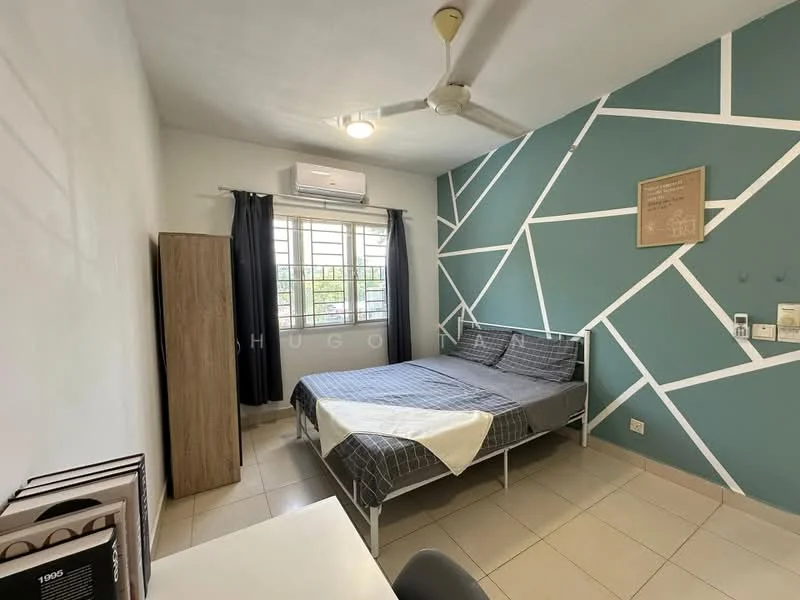 Bedroom features: queen-size bed, upholstered headboard, 2 bedside tables, 1 wall-mounted air conditioning unit, ceiling fan, grey and white geometric accent wall, white painted walls, tile flooring, window with black curtains, built-in wardrobe, desk with chair; style: modern.