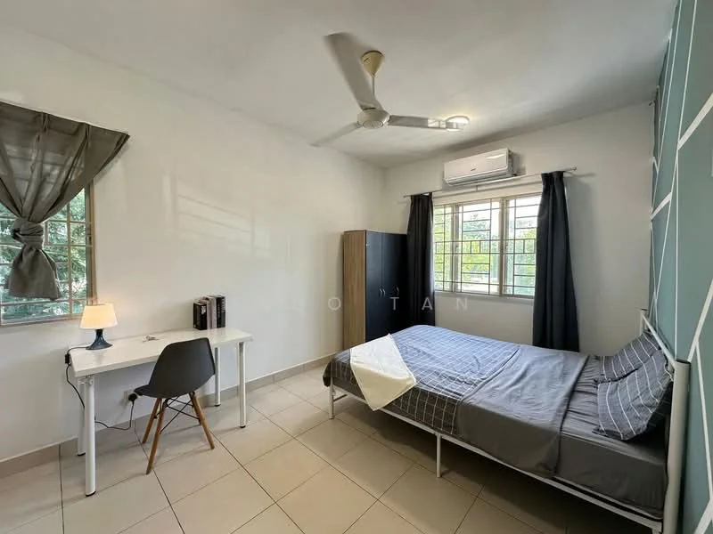 Bedroom features: single bed with grey bedding, study desk with chair, white table lamp, black wardrobe, floor-to-ceiling window, grey curtains, white painted walls, ceiling fan, wall-mounted air conditioning unit, tile flooring; style: modern; view: garden.
