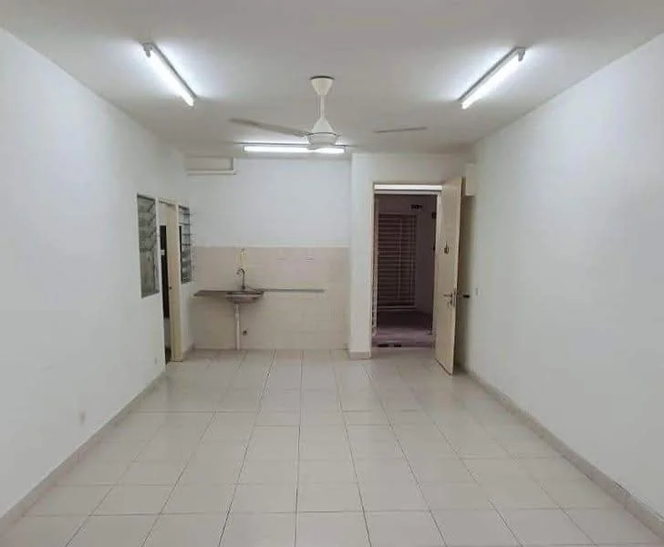 Room features: white painted walls, tile flooring, ceiling fan, fluorescent ceiling lights, single-bowl stainless-steel sink, kitchenette area, doorway leading to another room, window with frosted glass, neutral color scheme; style: modern.