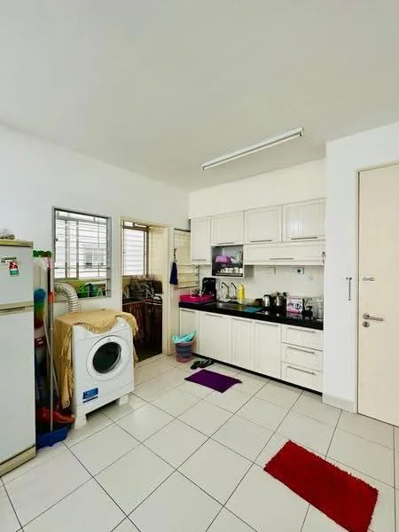 Kitchen features: white cabinetry, black countertop, stainless-steel fridge, front-load washing machine, double-bowl sink, chrome pull-down faucet, tile flooring, window with blinds, recessed lighting, colorful area rugs, kitchen utensils, cleaning supplies, dish soap, bottle storage; style: modern.