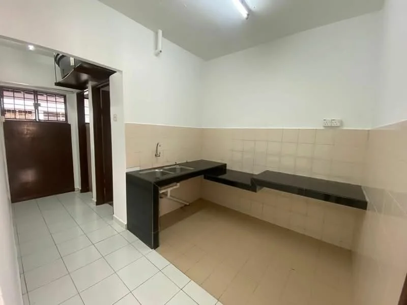 Kitchen features: single-bowl stainless-steel sink, chrome pull-down faucet, black countertop, white tiled backsplash, white tiled walls, cream tiled flooring, built-in cabinetry, window with security bars, fluorescent ceiling light; style: modern.