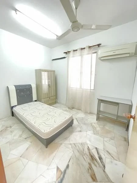 Bedroom features: queen-size bed, upholstered headboard, wall-mounted split AC, ceiling fan, wooden wardrobe, study desk, floor-to-ceiling window, sheer curtains, marble flooring, white painted walls, light fixture with fluorescent lights; style: modern.