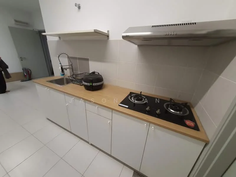 Kitchen features: white cabinetry, wood countertop, double-bowl stainless-steel sink, chrome pull-down faucet, 2-burner gas hob, stainless-steel range hood, white tiled backsplash, ceramic tile flooring; style: modern.