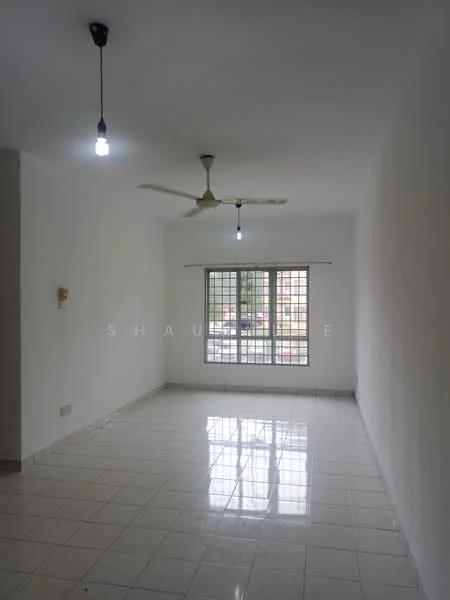 Living features: white painted walls, glossy ceramic tile flooring, 2-blade ceiling fan, 2 pendant lights, large window with grid pattern, natural light, neutral color scheme, open layout; style: minimalist.