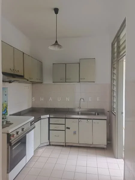 Kitchen features: stainless-steel sink, chrome faucet, laminate countertop, white cabinetry with handles, built-in oven, freestanding gas range oven, tile backsplash, ceramic tile flooring, single-basin sink, window with louvered shutters, overhead pendant light, wall-mounted cabinets, open shelving.