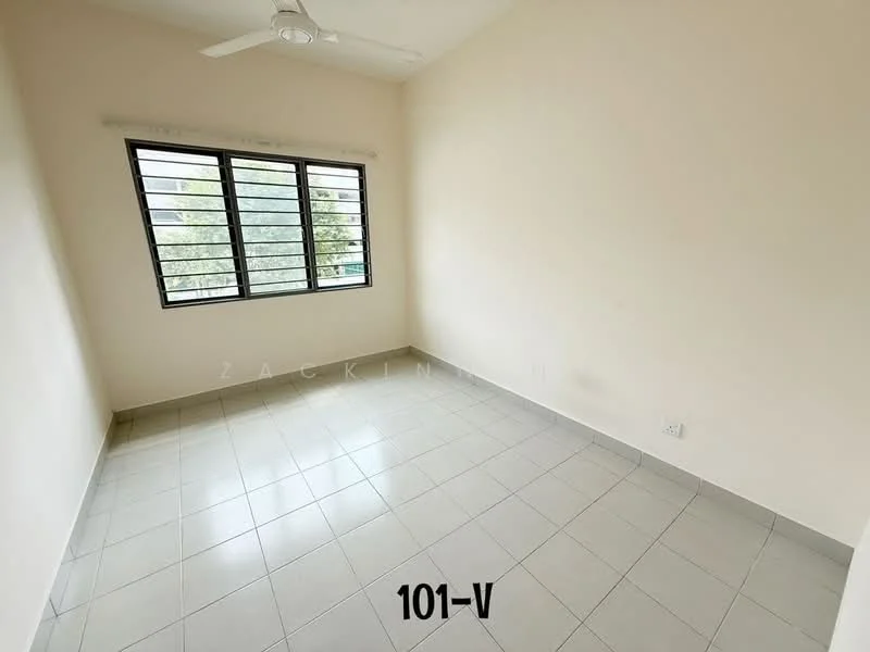 Room features: white painted walls, grey tiled flooring, floor-to-ceiling windows, black window frames, ceiling fan.