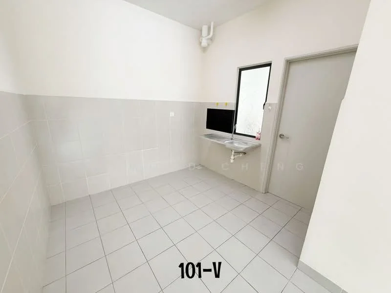 Laundry features: white painted walls, grey tiled flooring, single-bowl stainless-steel sink, wall-mounted tap, window for natural light, door leading to another room.