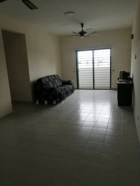 Living features: 3-seater fabric sofa with geometric pattern, ceiling fan, tile flooring, neutral wall color, sliding glass door, window with horizontal bars, TV console, light fixture on ceiling; style: modern.