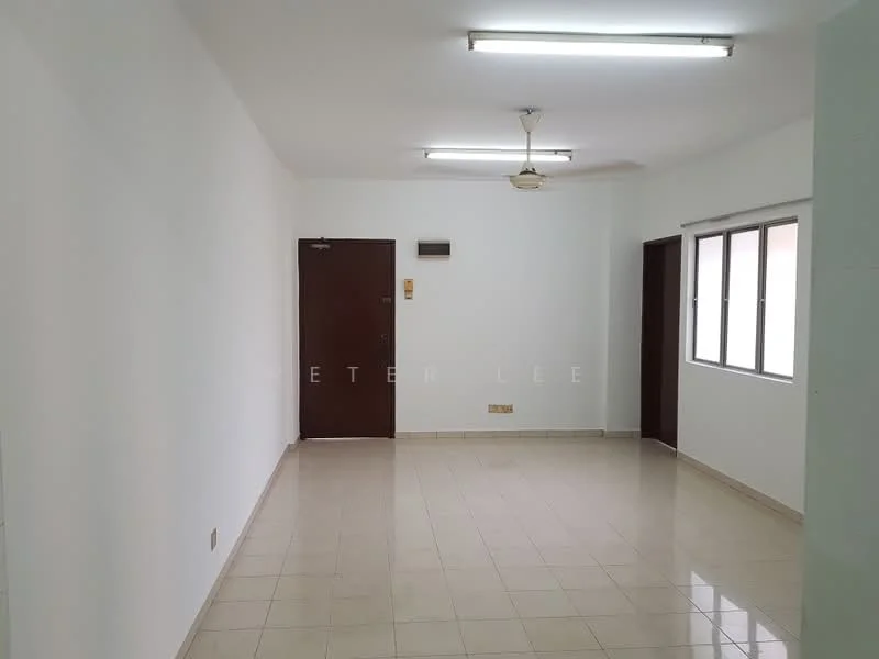 Room features: white painted walls, glossy tile flooring, ceiling lights, 1 ceiling fan, 2 windows, main entrance door, interior door, light switch, air conditioning unit; style: modern.