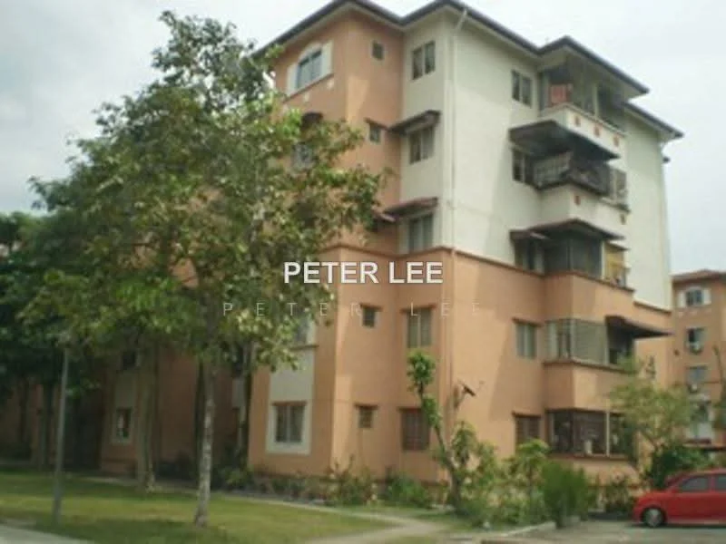 Exterior type: low-rise apartment block; features: orange painted facade, balconies with railings, landscaped garden area, mature trees, manicured lawn, multiple storeys, windows with shutters; style: modern.