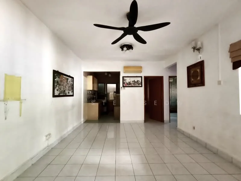 Living features: white painted walls, glossy ceramic tile flooring, 5-blade ceiling fan, recessed downlights, wall-mounted air conditioning unit, window with blinds, decorative wall art, open layout to kitchen. Kitchen features: kitchen area visible from living room, light wood cabinetry, black countertop, stainless-steel appliances, open layout.