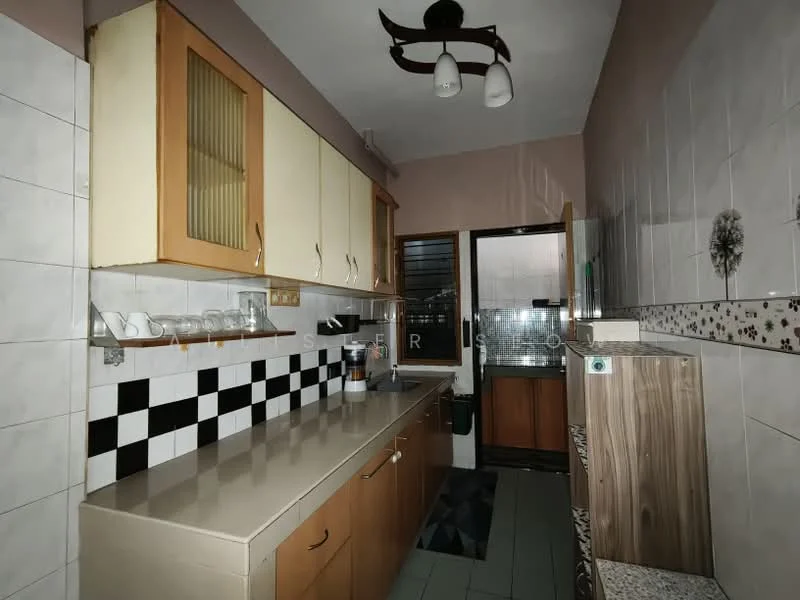 Kitchen features: cream cabinetry with glass-front upper cabinets, black and white checkered backsplash, laminate countertop, stainless-steel sink, chrome faucet, built-in wooden cabinet, tile flooring in green, 3-blade ceiling fan with light, window with security grill, open shelving, wall-mounted storage for glasses; style: modern.