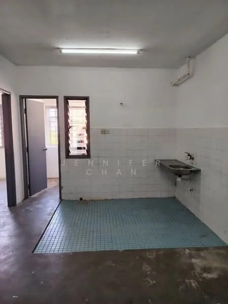 Laundry features: grey concrete flooring, white tiled walls, single-bowl stainless-steel sink, wall-mounted faucet, window with horizontal slats, door leading to another room, fluorescent ceiling light, open layout.